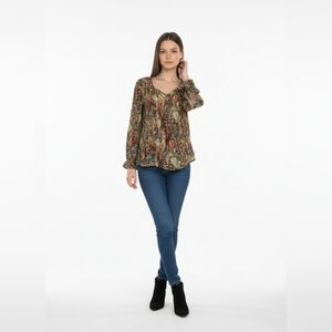 Vintage Melissa Paige Green Tropical Print Gauzy Peasant  Blouse Size SP